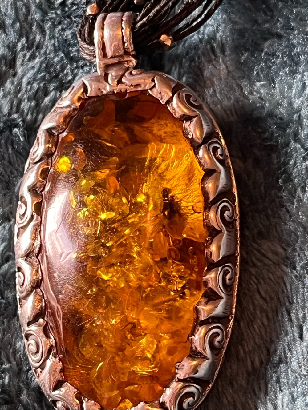 Gold Tone Baltic Amber/Silver Oval Pendant Necklace with Black Multi-Strand Cord - Picture 10 of 11